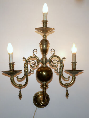 Große, alte Wandlampe, Messing, Barock, 3-Flammig, 82,0 cm
