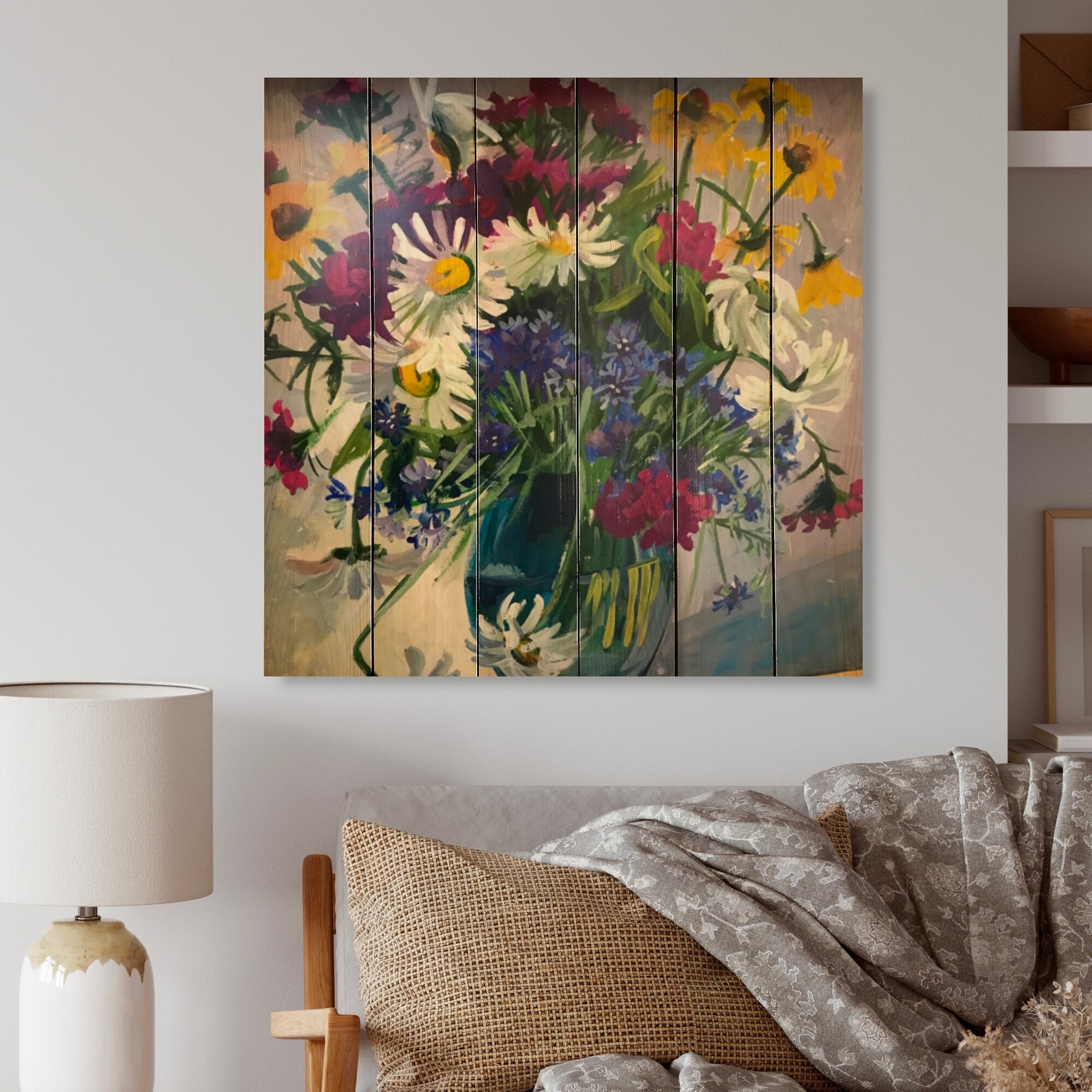 Designart 'Vintage Camomile Daisies Flowers' Traditional Wood Wall Art -