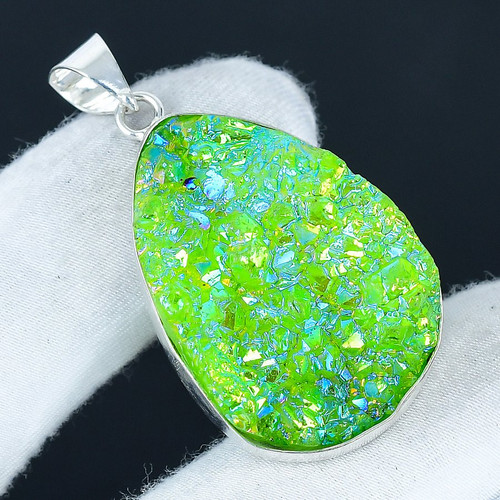 Green Titanium Druzy 925 Silver Plated Handmade Pendant of 1.84"