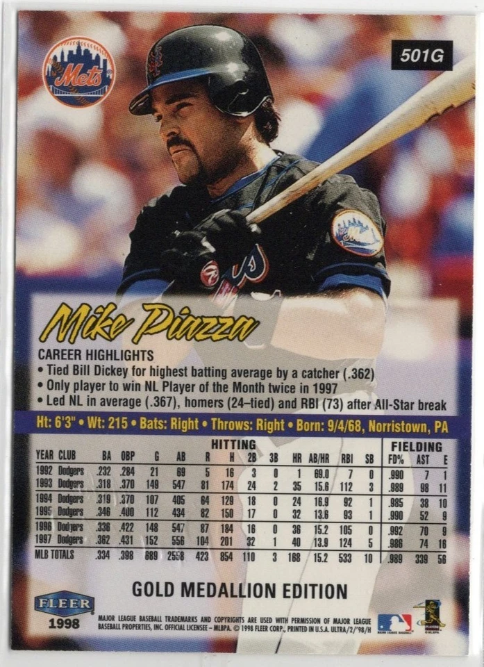 Mike Piazza 1998 Fleer Ultra Gold Medallion Edition #501G MLB Insert Mets HOF - Image 2 of 2