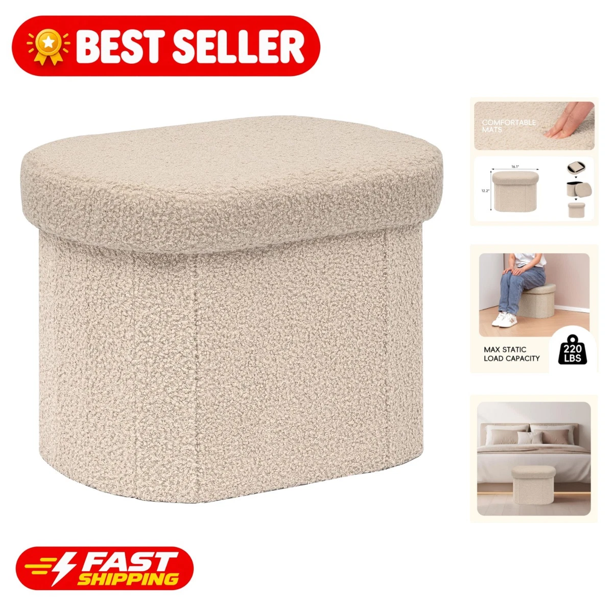 Folding Storage Ottoman Beige Boucle Oval Footstool with Hidden Storage