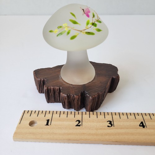 Vtg Hand Painted Satin Glass Mushroom Butterfly Flowers Frosted Glass Signed EUC - Picture 8 of 9