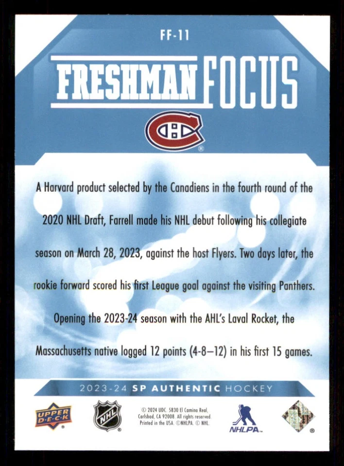 2023-24 SP Authentic Freshman Focus Blue #FF11 Sean Farrell - Image 2 of 2