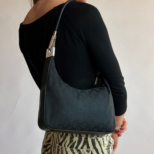 Vintage Gucci Tom Ford Era Black GG Monogram Canvas Hobo Bag Silver Hardware