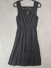 NWT Old Navy Medium Midi Dress Black Linen Blend Squareneck Crochet Waist Tie 