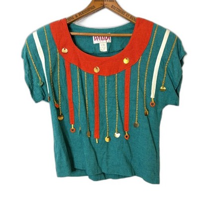 VTG Paola Collection Teal & Coral Linen Blend Top Gold Charm Embellished Small 