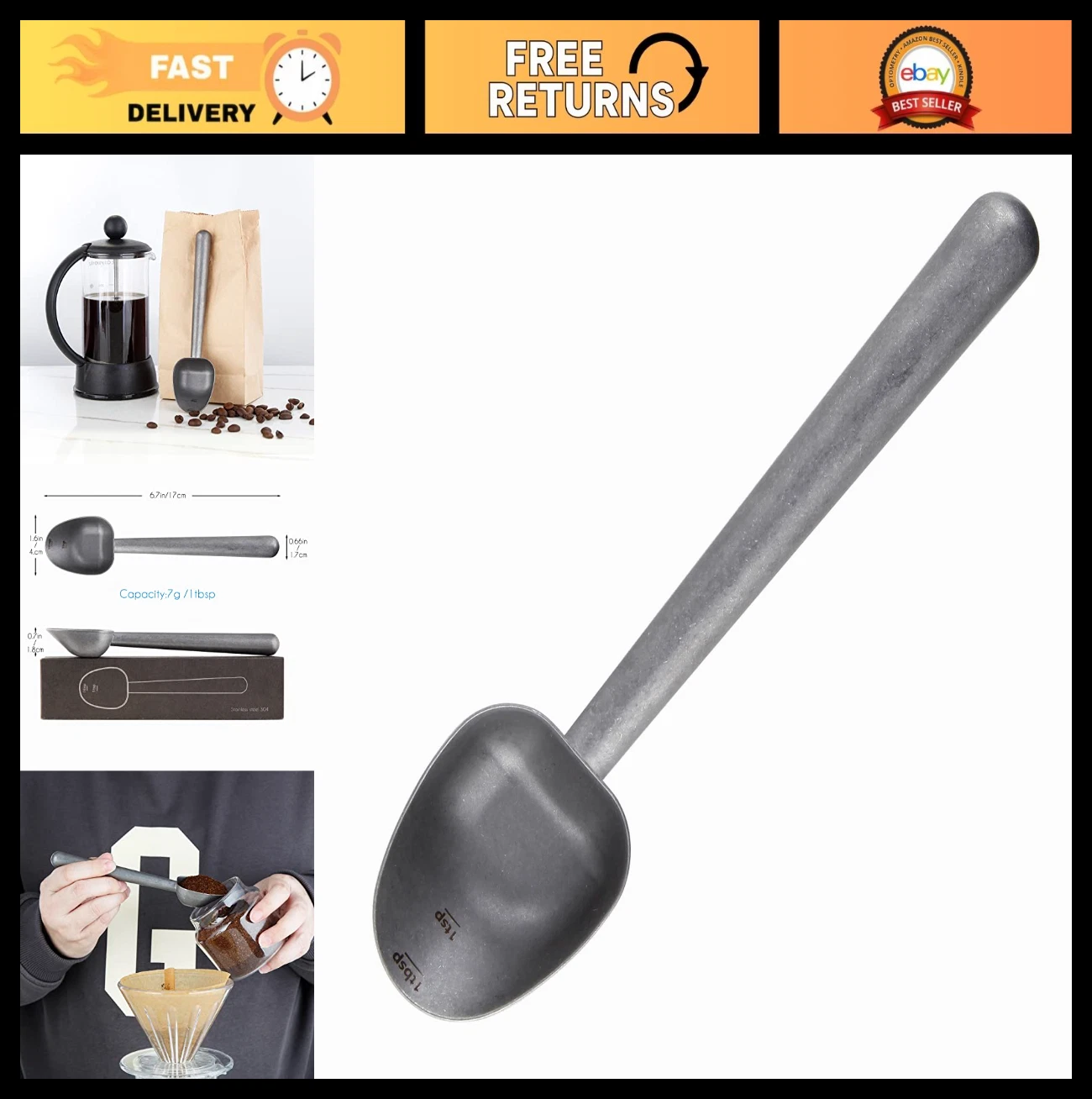 Stainless Steel Coffee Scoop & Tea Spoon - 7g Long Handle for Ground Coffee & Lo