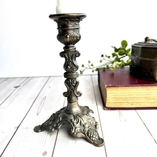 Vintage Ornate Brass Baroque Candlestick Holder Elegant Decor Scroll Fleur DeLis