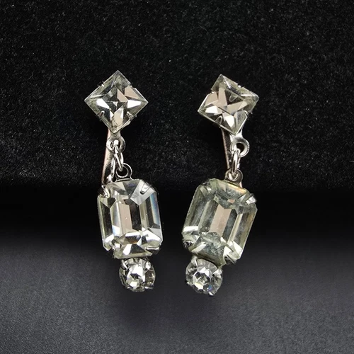 Clear Rhinestone Screw Back Earrings Vintage Glam Costume Jewelry