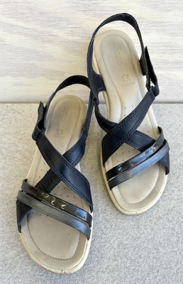 ECCO Felicia Dark Blue Leather Adjustable Strap Comfort Wedge Sandal Size 8
