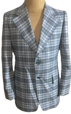 Vintage Curlee Clothes Blue Plaid 38R Sport Coat Blazer Jacket 2 Button Classic
