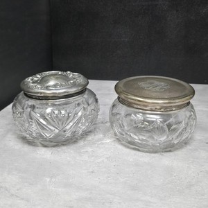2 Cut Glass Sterling Silver Lidded 925 Dresser Jars Lot *3.2 Ounces Scrap Silver