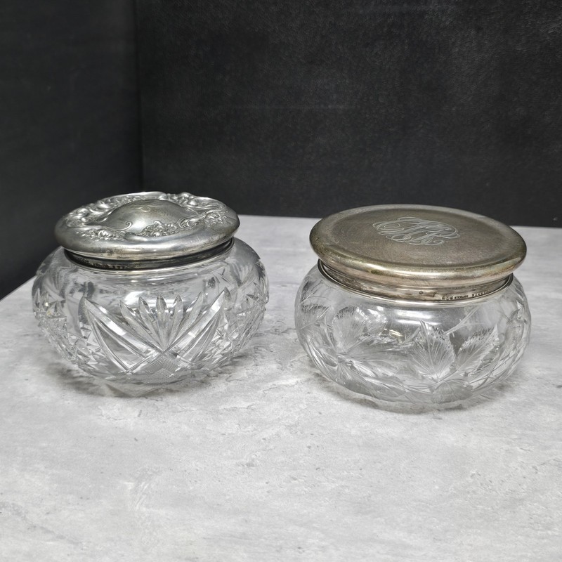 2 Cut Glass Sterling Silver Lidded 925 Dresser Jars Lot *3.2 Ounces Scrap Silver