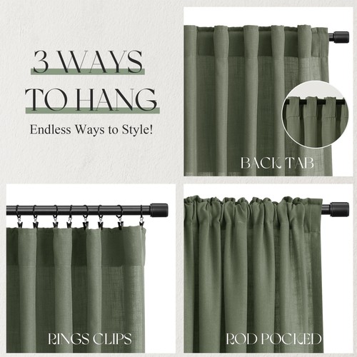 Olive Green Linen Curtains 95"L 2 Panels Modern Farmhouse Living Room - Picture 5 of 9