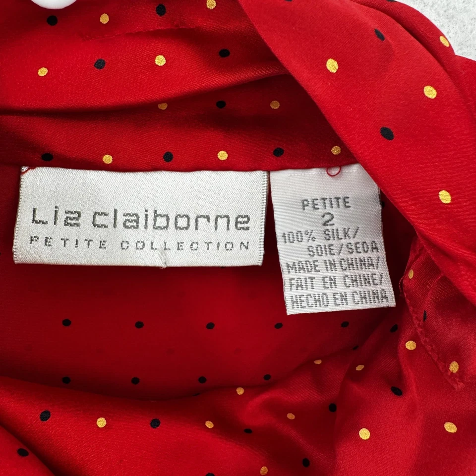 Blusa De Colección Liz Claiborne Para Mujer 2 Pequeñas Seda Lunares Manga Larga Botón Top Foto 3 de 4