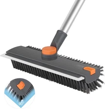 Floor Scrub V Brush with Long Handle 4 in 1 Silicone Scrape and Stiff Gray 