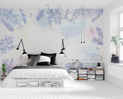 3D Watercolor Blue Leaves Wallpaper Wall Murals Removable Wallpaper
