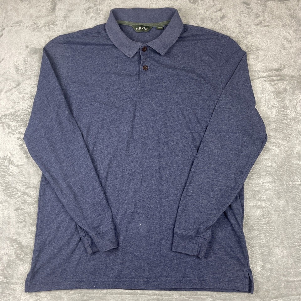 Orvis Navy Long Sleeve Polo Shirt Men's Size Large Cotton Blend eBay