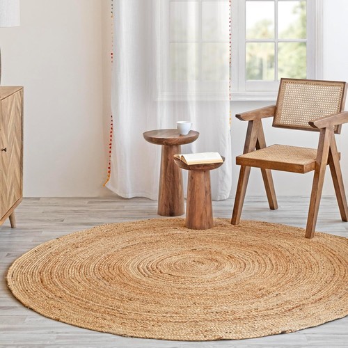 New- 6ft Round Natural Jute Rug - Handwoven Braided Reversible Vintage