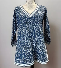 Gretchen Scott Designs Navy Blue Sea Green V-Neck Cotton Tunic Top Shirt Size S