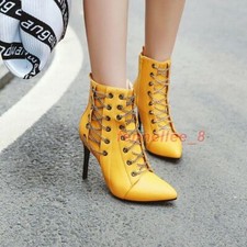 Womens Heels Ankle Boots Party Shoes Pointy Toe High Top Lace Up Zip Stilettos