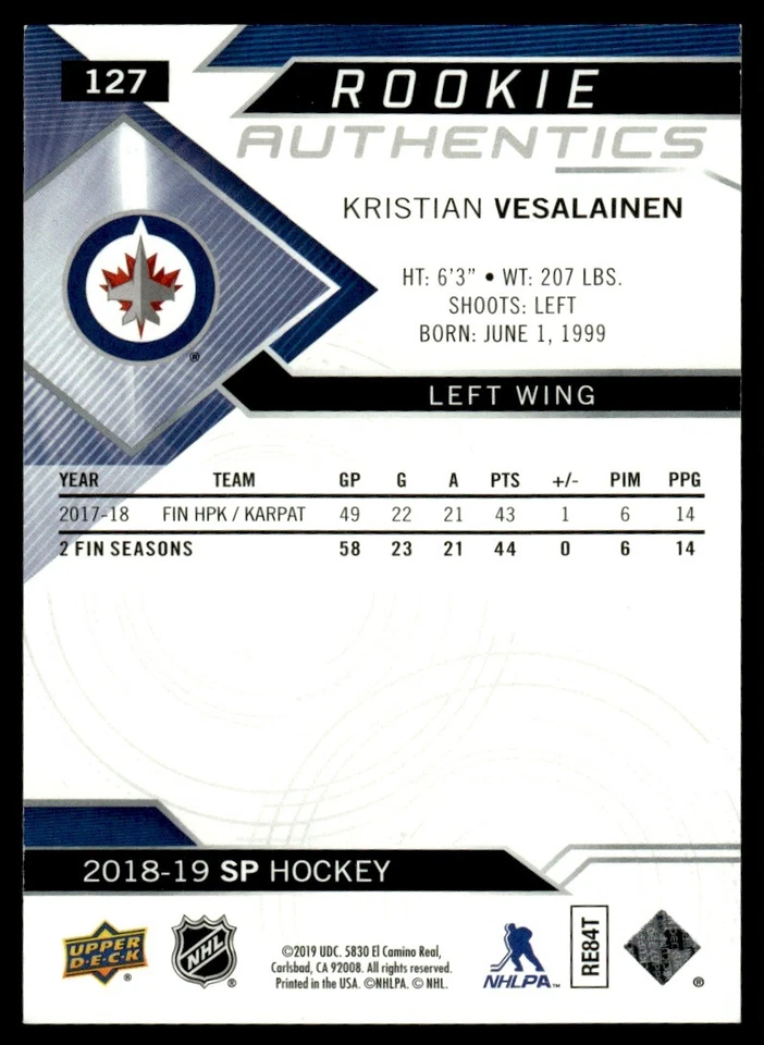 2018-19 SP Kristian Vesalainen Rookie 0864/1199 Winnipeg Jets #127 - Image 2 of 2