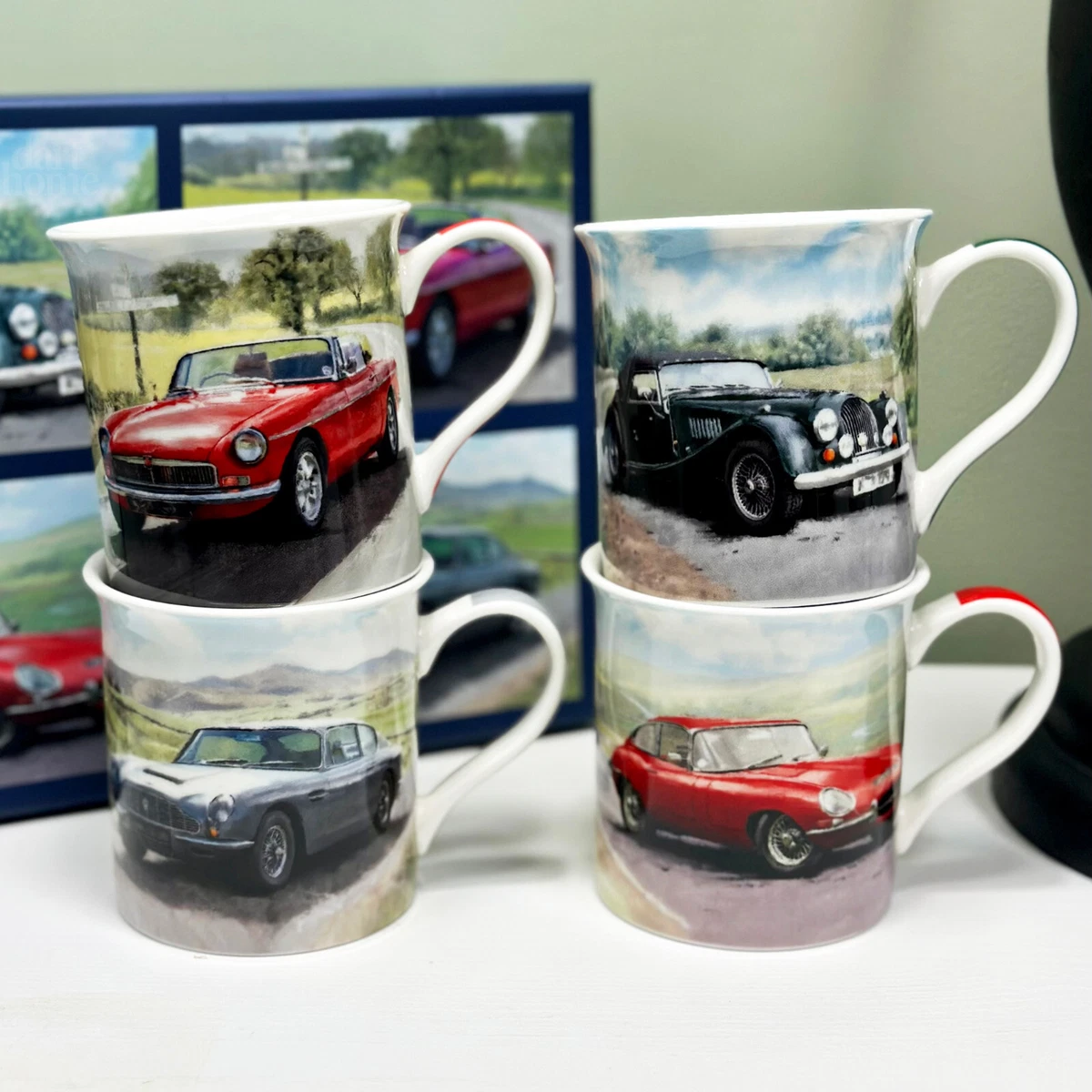 Set Of 4 Classic Cars Mugs 300ml Fine China British Vehicles Drinks Coffee Cups