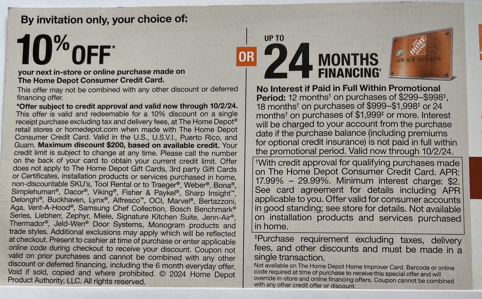 * Home Depot Coupon 10 Off Coupon Valid Until 10/02/2024 Paper Coupon * eBay