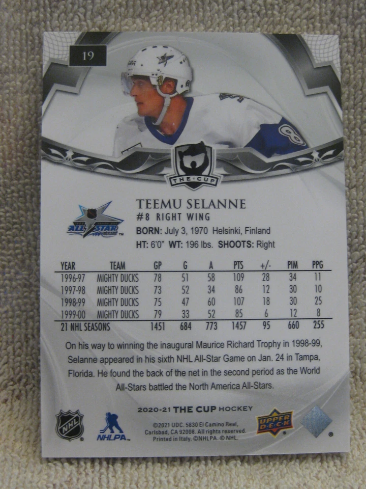 2020-21 Upper Deck The Cup Teemu Selene All-Star /249 NHL hockey #19 - Image 3 of 3