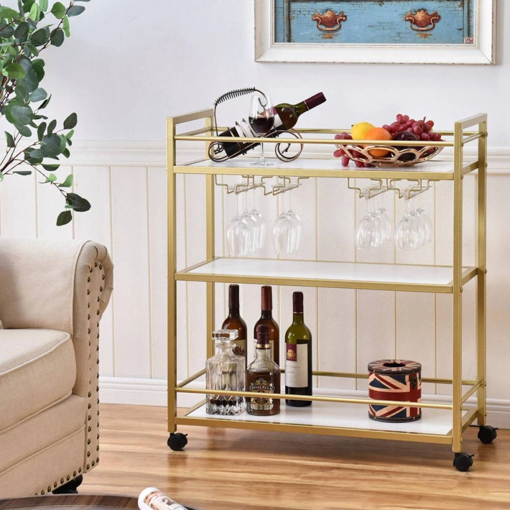 GOLASON Gold Bar Cart with 3 Shelves, Wine Glass 31.5W, and White