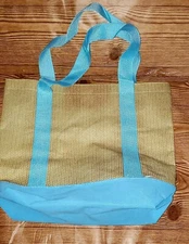 Sky Blue w/ Tan Basketweave Pattern Reusable Tote Bag 14"x16.5"x4"