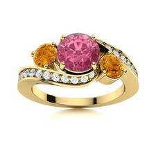 5MM Round Pink Topaz  Citrine 925 Sterling Silver Gold Plated Three Stone Ring