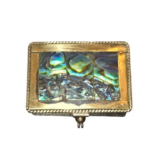 Mexican VTG Abalone Shell Inlaid Brass Mini Pill Trinket Box 1.75"X 1.25"X0.5"