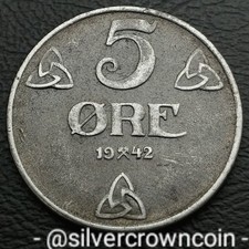 Norway 🇳🇴 5 Ore 1942. KM#388. Iron 5 Cents coin. Haakon Vll. WWll German Oc. C