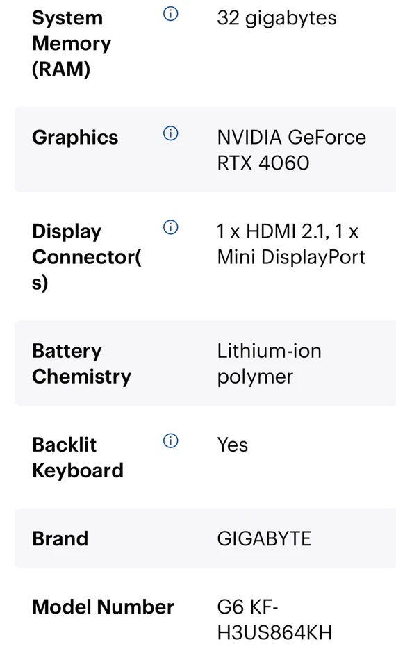 Gigabyte G6 KF 16" 165Hz 32GB 1TB I7-13620H 3.60GHz RTX 4060 Win11H, Negro Foto 2 de 4