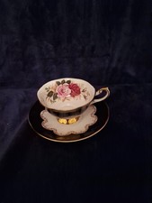Queen's Cup And Saucer Ebony Red And Yellow Roses Fine Bone China Vintage