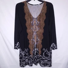 Susan Graver Top XL Paisely Damask Black, Brown Tunic NWOT