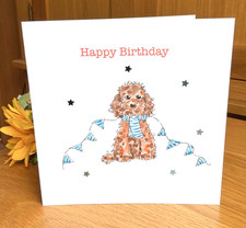 Birthday Card Brown Cockapoo Cavapoo Funny Cute Dog with blue scarf blue stars