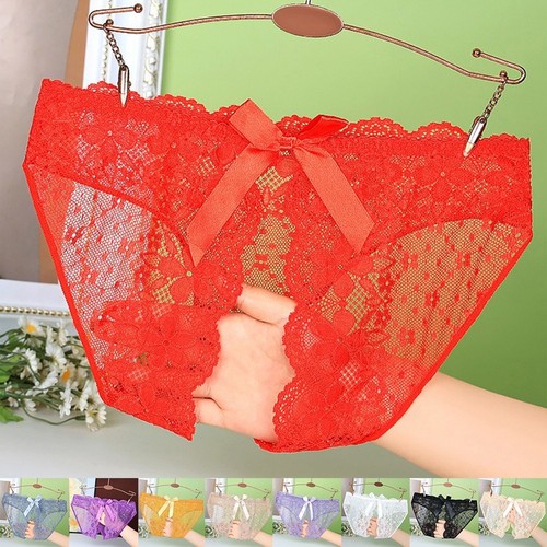 Womens Sexy Lace Panties with Bow and Mesh Details Crotchless Design Available - Picture 4 of 18