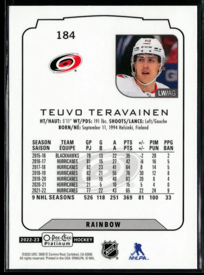 2022-23 O-Pee-Chee Platinum Rainbow #184 Teuvo Teravainen - Image 2 of 2