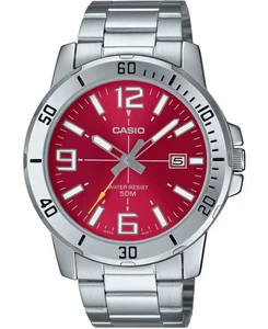 Casio MTP-VD01D-4BV Cadran rouge pour hommes Argent inoxydable Montres Affichage de la date Nouveau