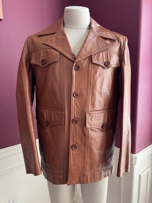 1970s Carmel Brown Leather Jacket Removable Lining 44R True Vintage