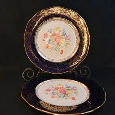Steubenville 2 Dinner Plates 10 7/8" Blue Floral #2032 w/Gold Filigree 1931-1959