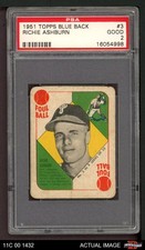 1951 Topps Blue Back #3 Richie Ashburn Phillies HOF PSA 2 - GOOD