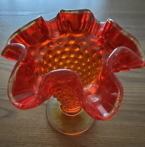 Vintage Fenton Amberina Hobnail Fluted Trumpet Vase 3.75 Miniature Orange Yellow