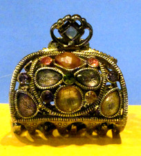 Vtg Hair Claw Clip Multicolor Rhinestone Filigree Antique Gold Tone Metal Boho