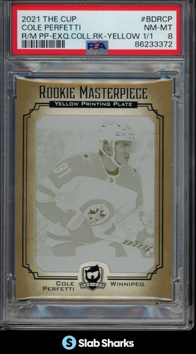 2021 UD THE CUP COLE PERFETTI ROOKIE MASTERPIECE PRINTING PLATE YELLOW 1/1 PSA 8