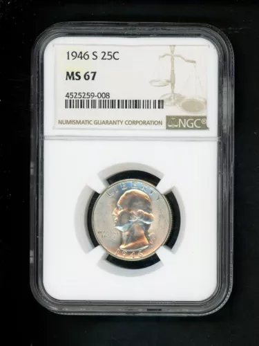 1946-S US Washington Quarter 25c .25 NGC MS67 Gem UNC Ch Bright White Spot Free