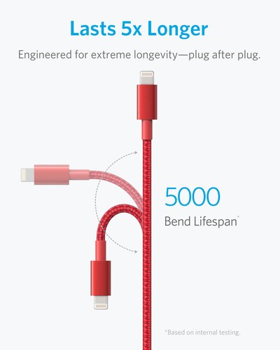 Anker Lightning to USB Cable Premium Nylon MFi Certified for iPhone Red Black - Picture 3 of 11