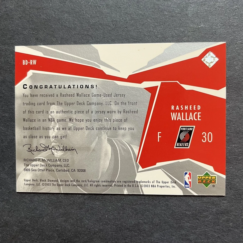 2003-04 Upper Deck Black Diamond Diamond Jersey Single Rasheed Wallace #BD-RW - Image 2 of 2